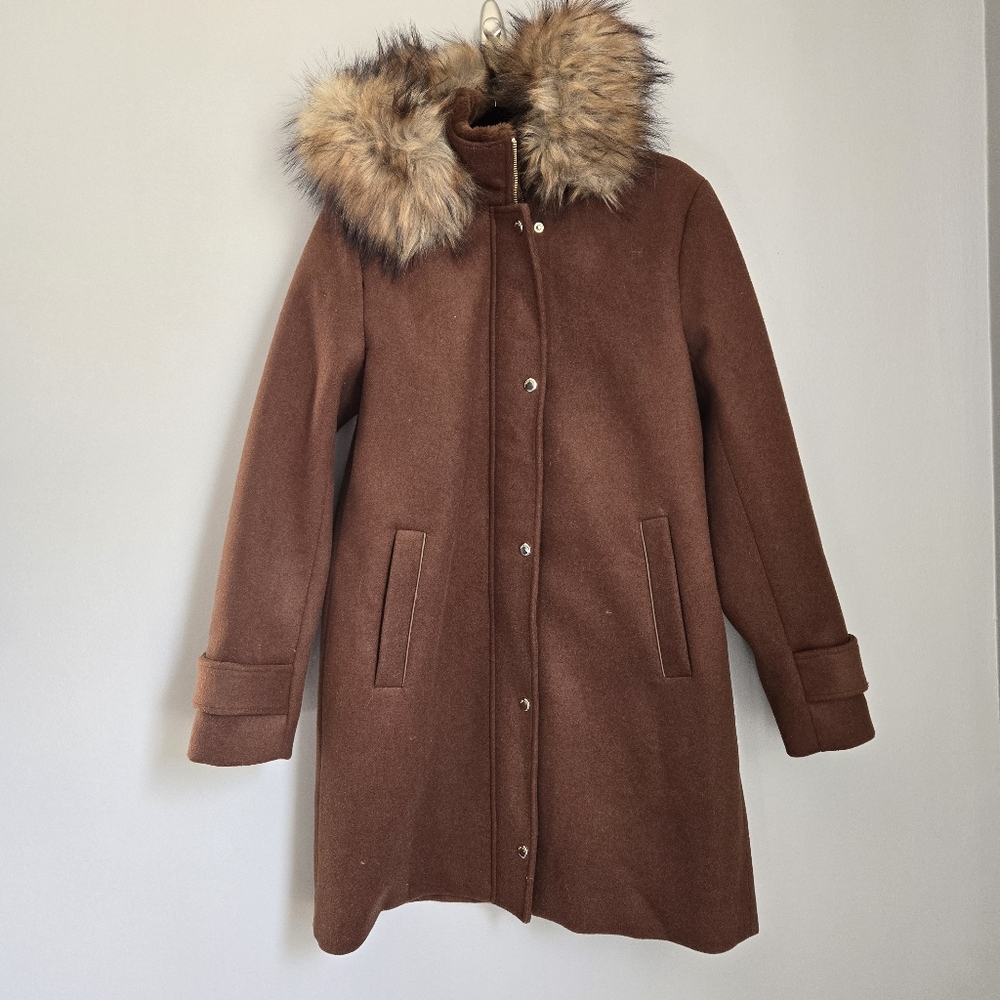 Women's Nine West Faux-Fur Hood Wool-Blend Duffel Coat